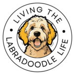 Labradoodle Blog logo with a happy labradoodle face with writing in a circle around it that says Living the Labradoodle Life