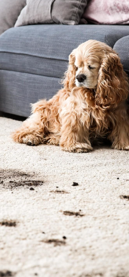 Fluffy dog with long ears sitting on a carpet covered in muddy paw prints